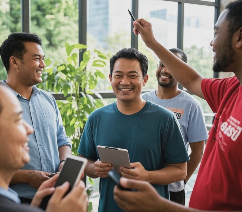 Happy clients in Sarawak dicussing app development process with developers